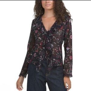 Muse Whimsigoth Floral Sheer Boho Peasant  Blouse Black Pink Red Ruffle Tie Smal
